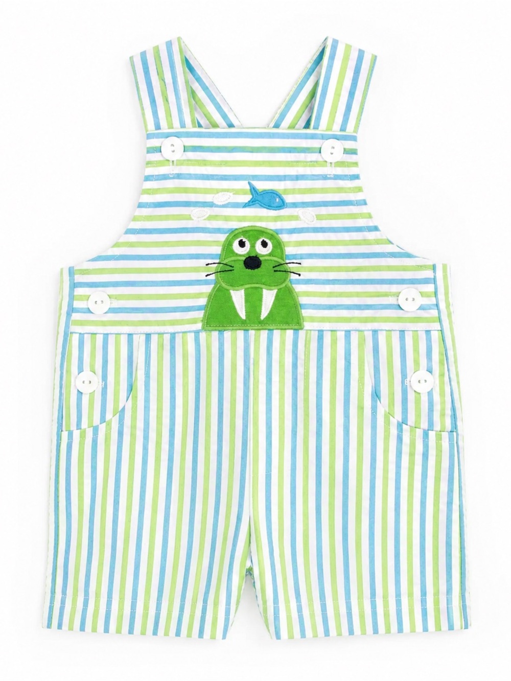 Florence Eiseman Green & Blue Striped Walrus Applique Overalls